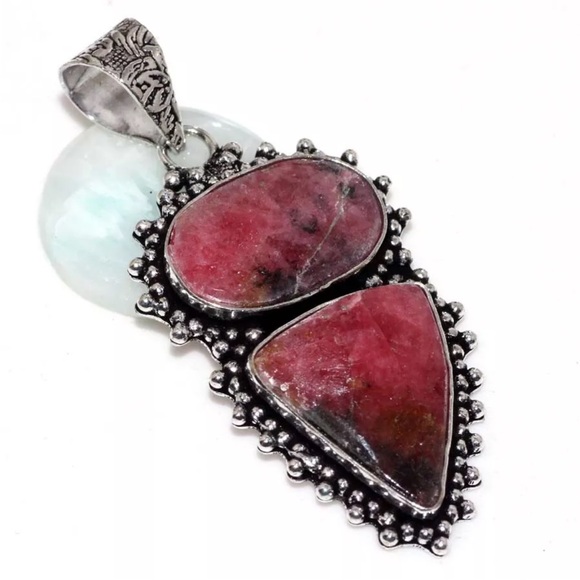Earth Art hand crafted artisan Jewelry - Rhodonite, rainbow, moonstone and obsidian pendant